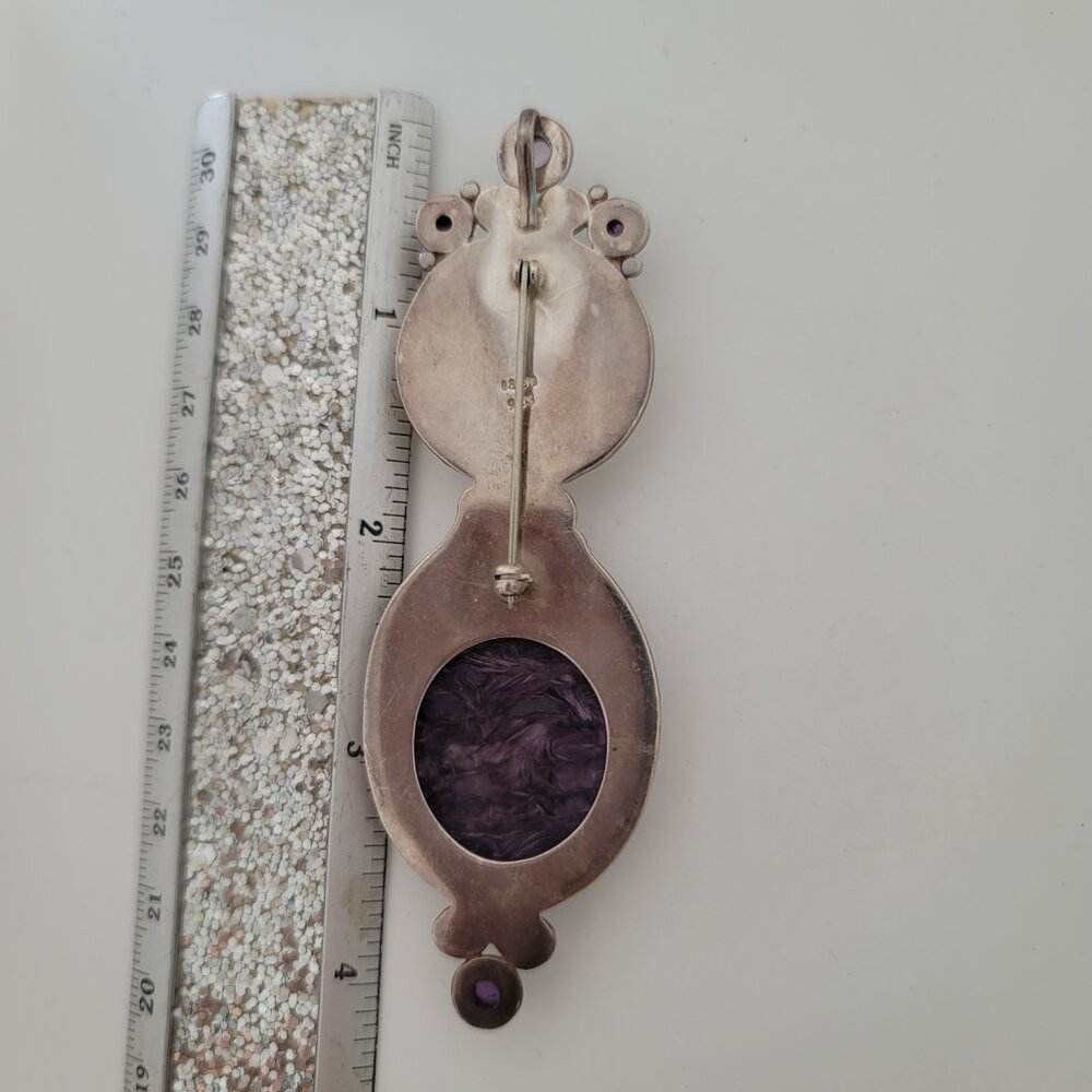Mother of Pearl, Amethyst, Charoite & Sterling Goddess Pendant Brooch by Sajen - Picture 3 of 3
